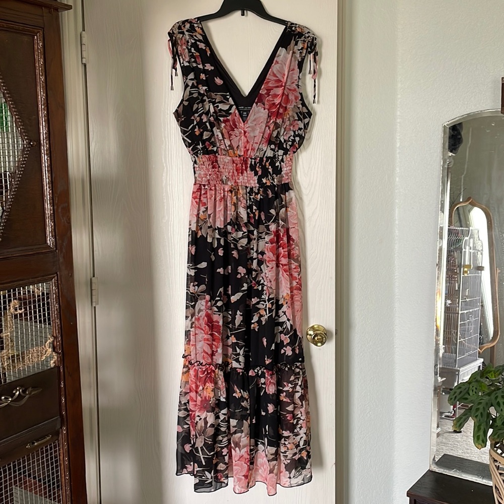 Chiffon Floral Black Maxi Dress - wedding guest pink and orange flowers feminine